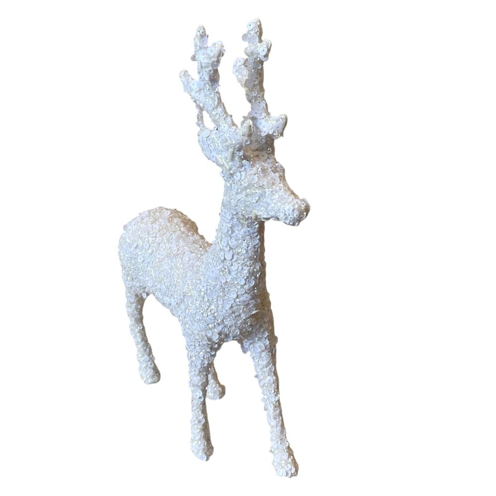 White Sequined Reindeer Figurine 13.5in Christmas Holiday Glam Sparkle Decor New